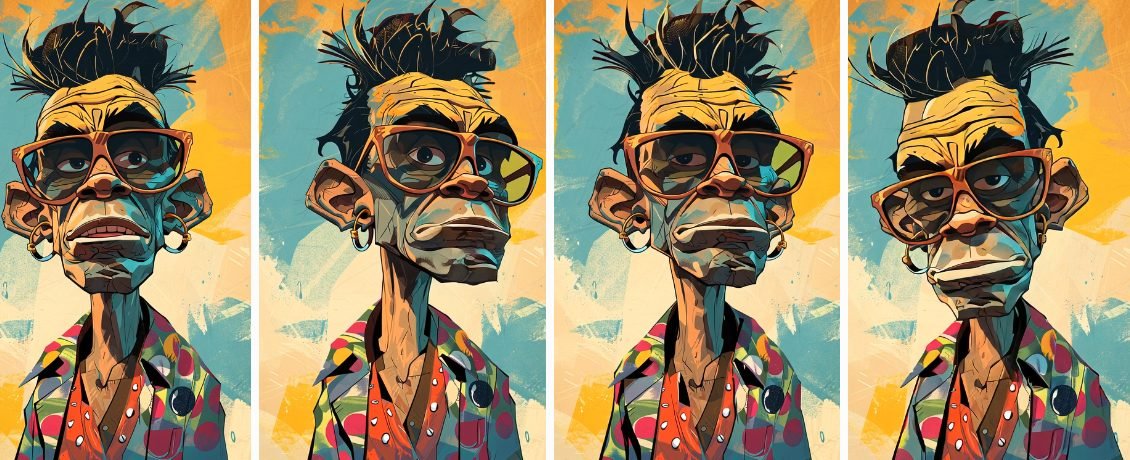 Four expressions of Eep Coolman: observant, amused, suspicious and relentless