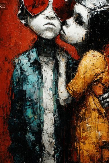 Crimson Vale in heart-shaped red glasses being kissed on the cheek by Saffron Wren